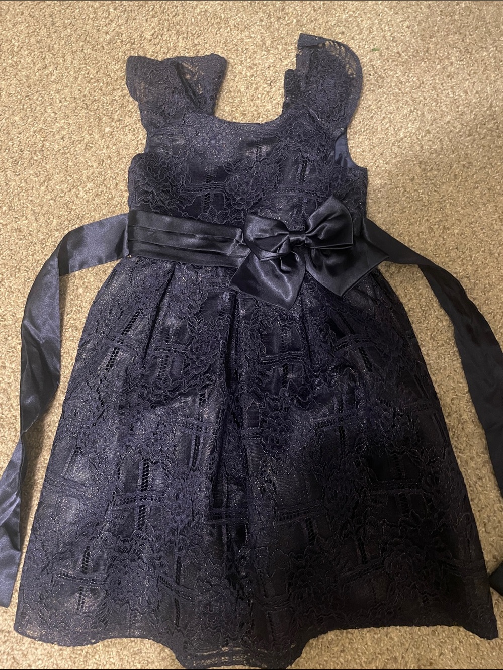iris & ivy Navy Lace Bow-Accent Formal Dress